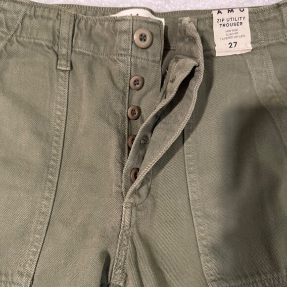 Amo Zip Utility Trouser Mid Rise Slim Fit Tapered Leg Size 27 Sage Green Cotton - Picture 8 of 16
